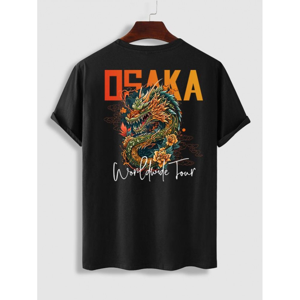 OSAKA Letter Dragon Graphic Pattern Short Sleeves Basic Tee