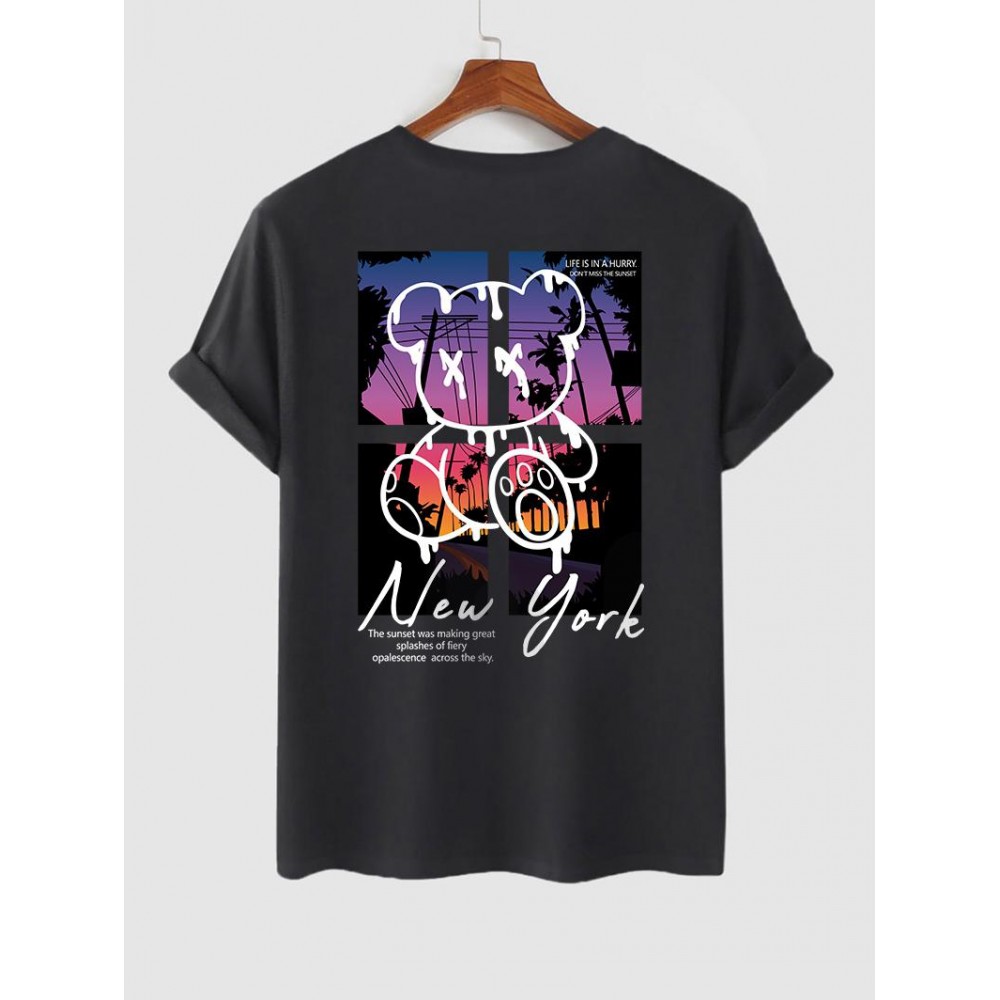 Letter New York Cartoon Bear Graphic Printed Short Sleeve T-shirt