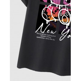 Letter New York Cartoon Bear Graphic Printed Short Sleeve T-shirt