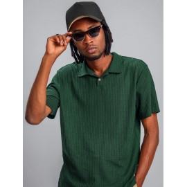 Men's Plain Color Tartan Jacquard Weave Textured Polo Collar Short Sleeves T-shirt