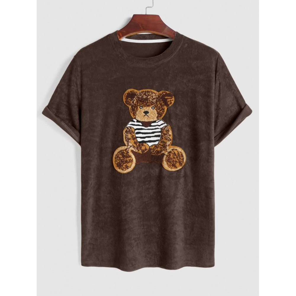 Men's Terry Cloth Crew Neck Cartoon Bear Applique Casual Funny Short Sleeves T Shirt