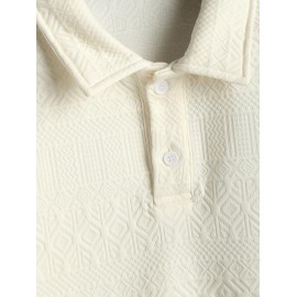 Geometric Jacquard Textured Quarter Button Polo Collared Short Sleeves T Shirt