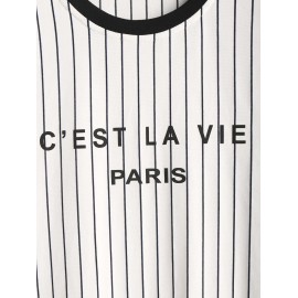 C'EST LA VIE PARIS Striped Pattern Short Sleeves T-shirt