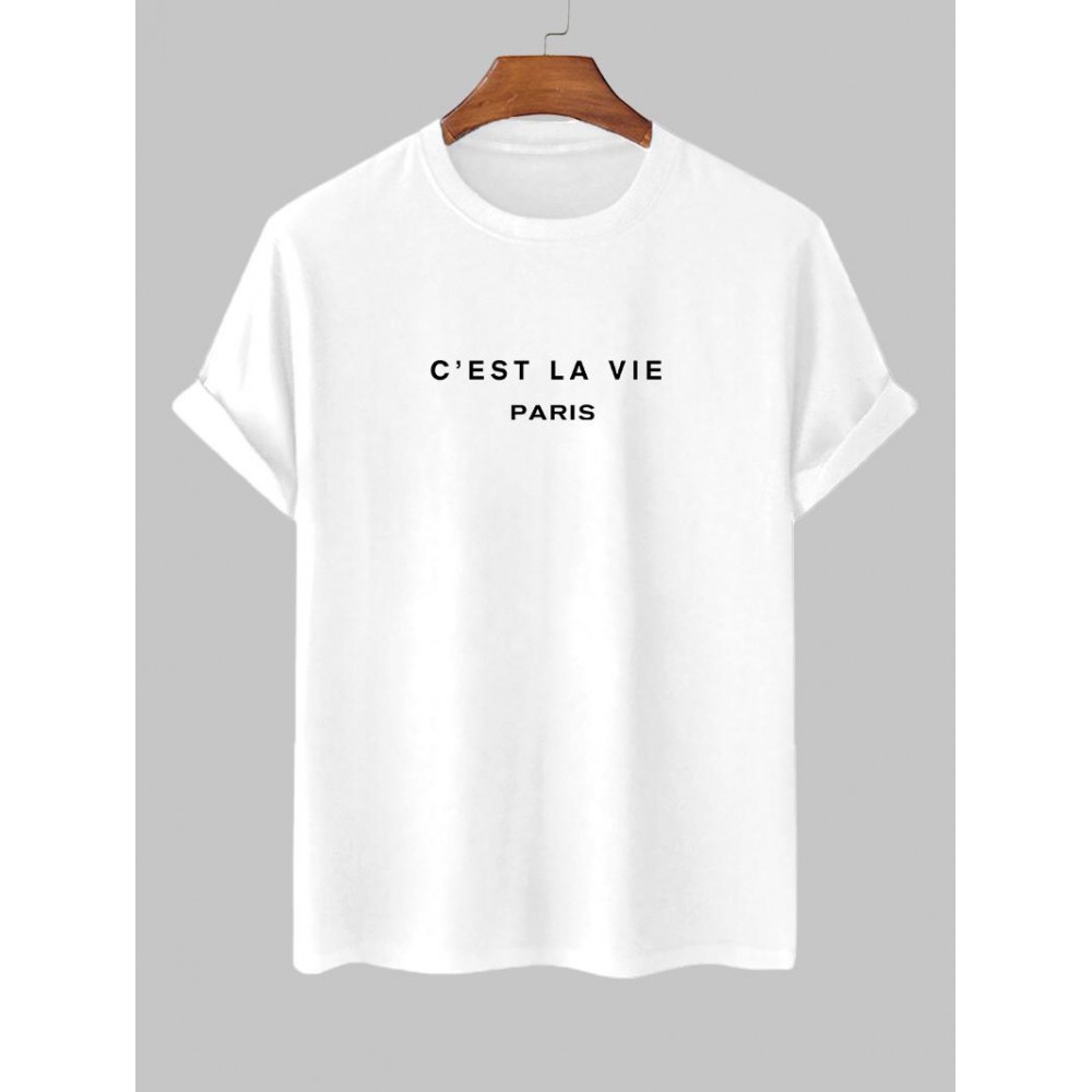 Men's Short Sleeve Crew Neck C'EST LA VIE PARIS Letter Printed Casual Summer T-shirt