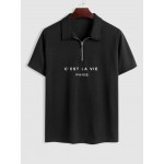 C'EST LA VIE PARIS Print Polo Collared Half Zip T Shirt