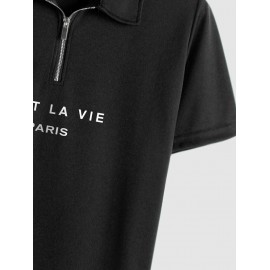 C'EST LA VIE PARIS Print Polo Collared Half Zip T Shirt