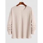 Men's Casual Daily Solid Color Semi-sheer Textured Knit Notched Collar Long Sleeves T-shirt