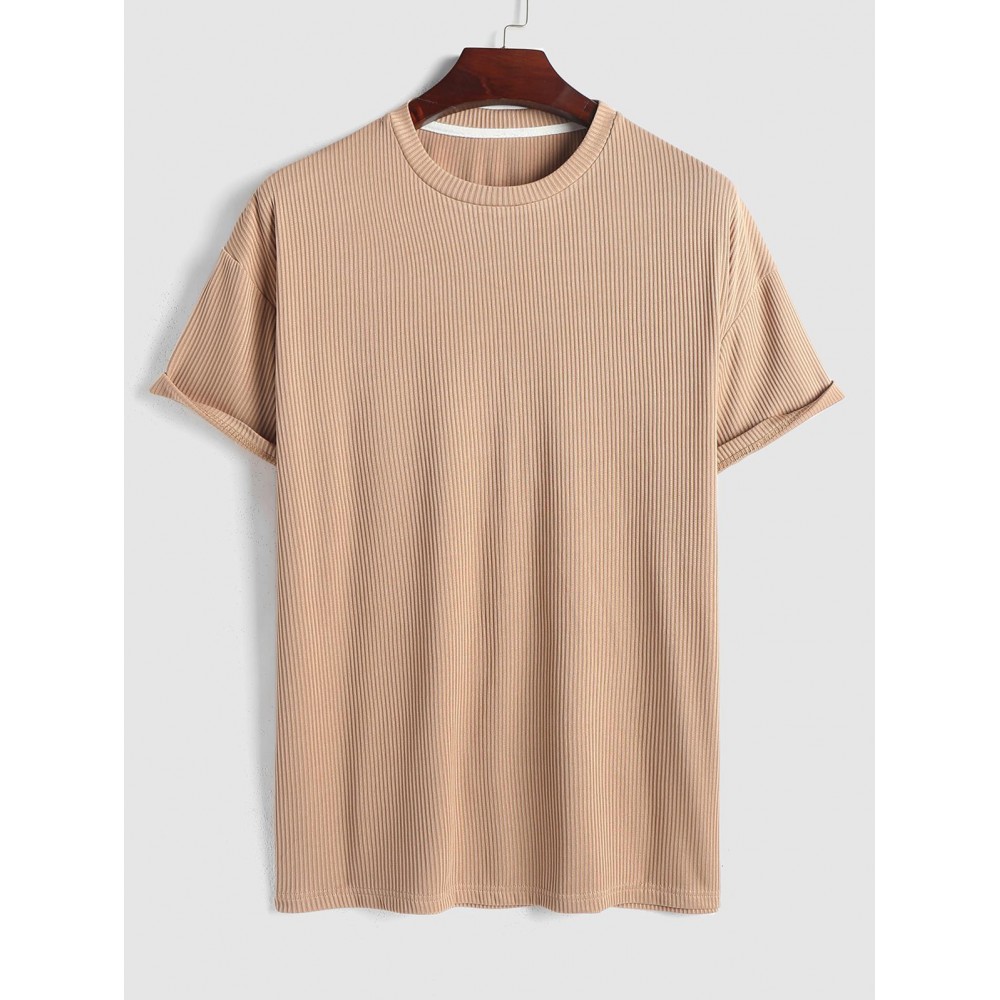 Solid Color Ribbed Textured Short Sleeves T-shirt