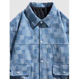 Men's Colorblock Checked Drawstring Pocket Turn Down Collar Streetwear Denim Jacket