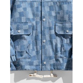 Men's Colorblock Checked Drawstring Pocket Turn Down Collar Streetwear Denim Jacket