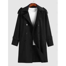 Men's Basic Minimalist Lapel Collar Belted Pocket Double-breasted Solid Color Trench Coat