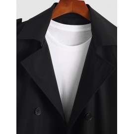 Men's Basic Minimalist Lapel Collar Belted Pocket Double-breasted Solid Color Trench Coat