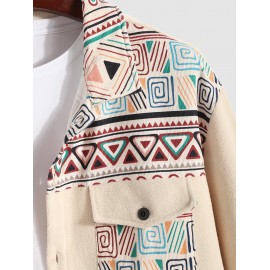 Men's Ethnic Style Geometric Printed Front Pocket Button Fuzzy Fleece Jacket