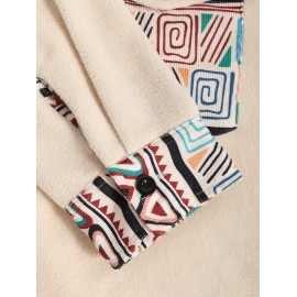 Men's Ethnic Style Geometric Printed Front Pocket Button Fuzzy Fleece Jacket