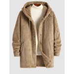 Men's Casual Warmth Thermal Solid Color Button Front Fluffy Teddy Fleece Hooded Long Coat