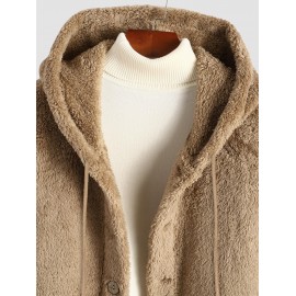 Men's Casual Warmth Thermal Solid Color Button Front Fluffy Teddy Fleece Hooded Long Coat