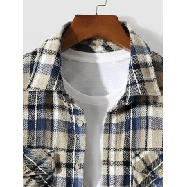 Men's Daily Casual Plaid Flap Cargo Pockets Button Up Long Sleeve Flannel Shirt Jacket Shacket