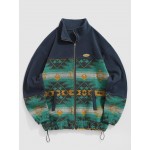 Men's Ethnic Aztec Printed Slant Pocket Zip Fly Stand Collar Fuzzy Polar Fleece Jacket