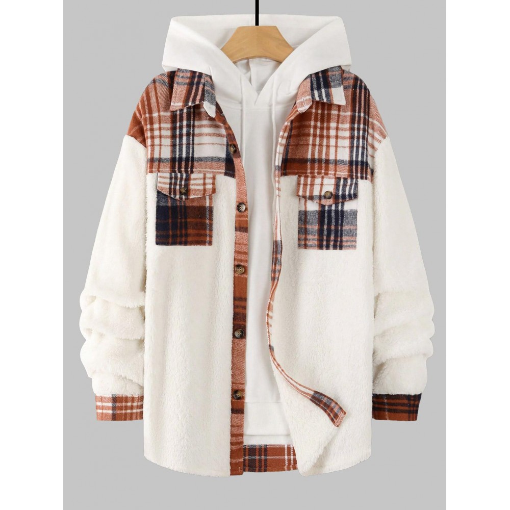 Men's Plaid Pattern Spliced Button Front Flap Pocket Fuzzy Teddy Fleece Jacket