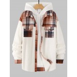 Men's Plaid Pattern Spliced Button Front Flap Pocket Fuzzy Teddy Fleece Jacket