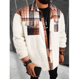 Men's Plaid Pattern Spliced Button Front Flap Pocket Fuzzy Teddy Fleece Jacket