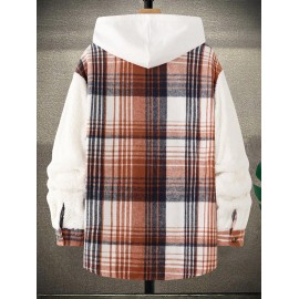 Men's Plaid Pattern Spliced Button Front Flap Pocket Fuzzy Teddy Fleece Jacket