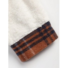 Men's Plaid Pattern Spliced Button Front Flap Pocket Fuzzy Teddy Fleece Jacket