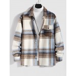 Men's Plaid Checks Colorblock Pocket Design Woolen Turn Down Collar Coat