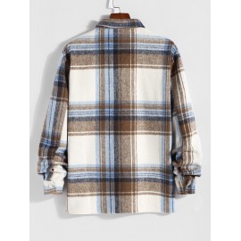 Men's Plaid Checks Colorblock Pocket Design Woolen Turn Down Collar Coat