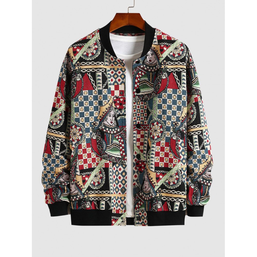 Men's Daily Stand Collar Playing Card Jacquard Zip Up Baseball Bomber Jacket