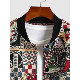 Men's Daily Stand Collar Playing Card Jacquard Zip Up Baseball Bomber Jacket