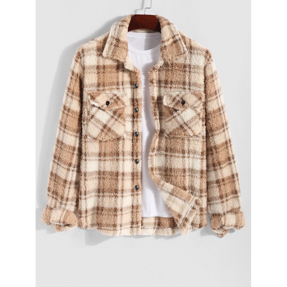 Men's Colorblock Plaid Pattern Front Pocket Fluffy Teddy Fleece Turn-down Collar Jacket