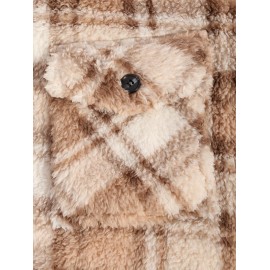 Men's Colorblock Plaid Pattern Front Pocket Fluffy Teddy Fleece Turn-down Collar Jacket