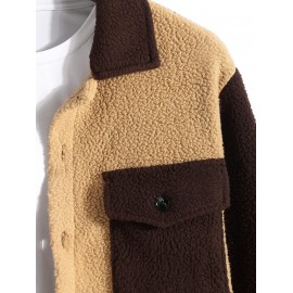 Men's Two Tone Colorblock Flap Pocket Button Front Fuzzy Fleece Jacket