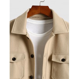 Men's Solid Color Flap Pocket Design Single Breasted Woolen Blend Coat