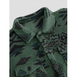 Ethnic Aztec Geo Printed Polar Fleece Fluffy Shacket Winter Shirt