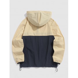 Men's Daily Hooded Half Zip Colorblock Patched Design Toggle Drawstring Pullover Windbreaker Jacket