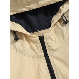 Men's Daily Hooded Half Zip Colorblock Patched Design Toggle Drawstring Pullover Windbreaker Jacket