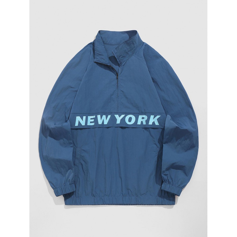 Men's Streetwear Daily Half Zip Letter NEW YORK Graphic Printed Popover Windbreaker Jacket