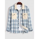 Men's Casual Plaid Pattern Flap Pocket Button Front Contract Color Collar Woolen Shacket