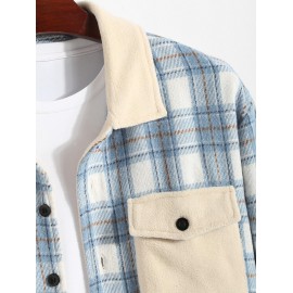 Men's Casual Plaid Pattern Flap Pocket Button Front Contract Color Collar Woolen Shacket