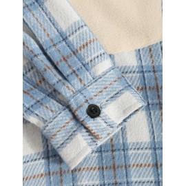 Men's Casual Plaid Pattern Flap Pocket Button Front Contract Color Collar Woolen Shacket