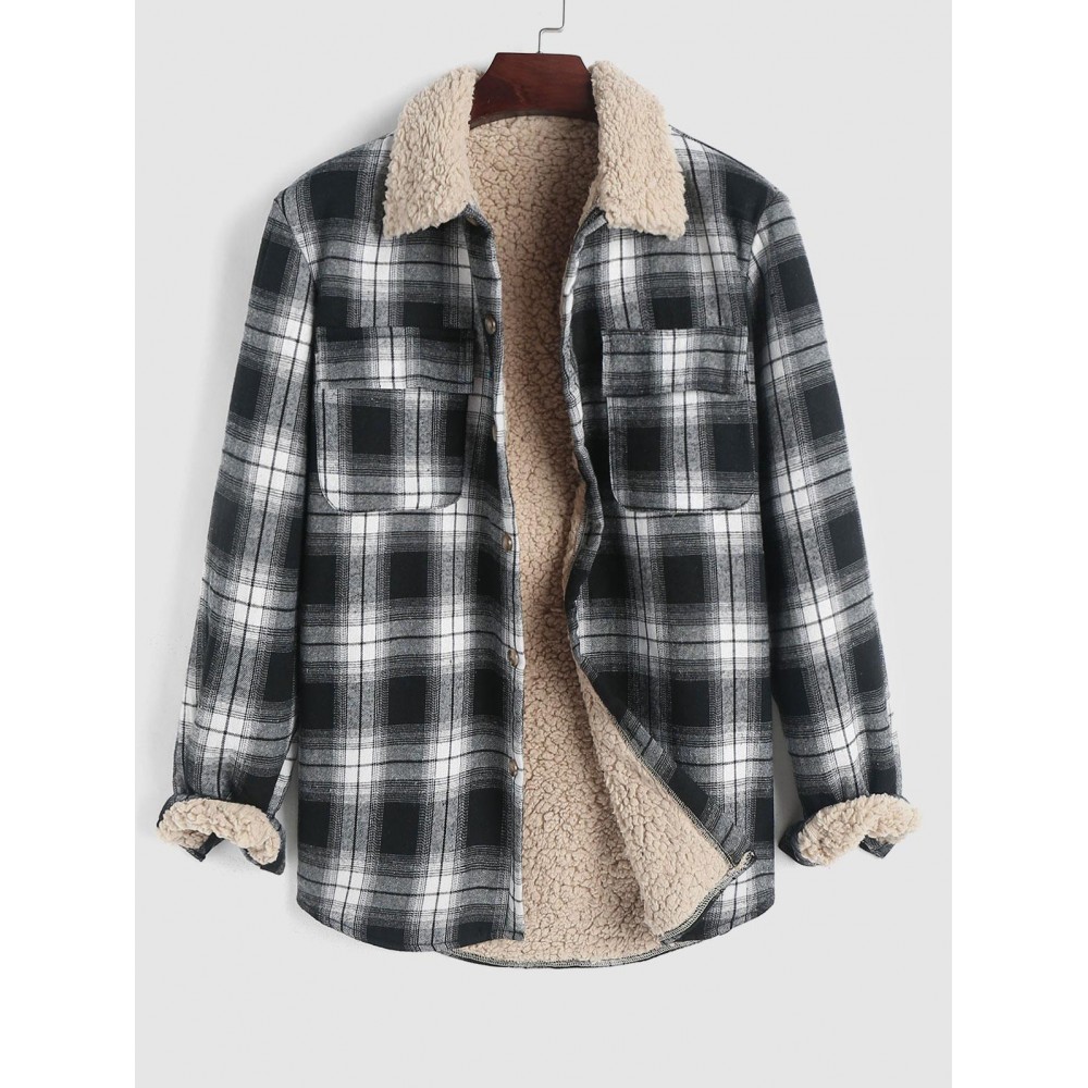 UNISEX Plaid Flap Pocket Faux Sherpa Thermal Lined Fluffy Turn Down Collar Winter Shacket