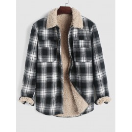 UNISEX Plaid Flap Pocket Faux Sherpa Thermal Lined Fluffy Turn Down Collar Winter Shacket