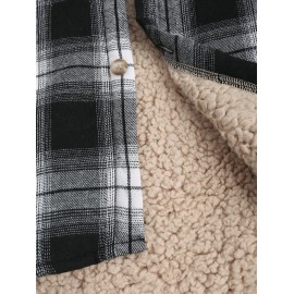 UNISEX Plaid Flap Pocket Faux Sherpa Thermal Lined Fluffy Turn Down Collar Winter Shacket