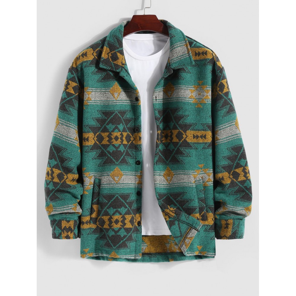 Men's Ethnic Aztec Printed Button Front Slant Pocket Woolen Jacket