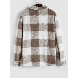 Plaid Pattern Flap Pocket Design Fluffy Jacket