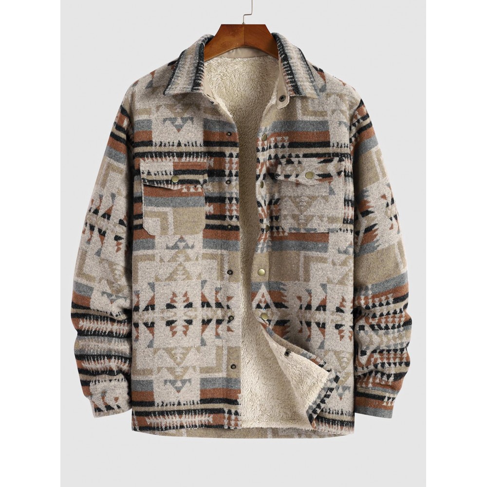 Men's Ethnic Woolen Geometric Aztec Print Shacket Pocket Fleece Lined Fluffy Jacket