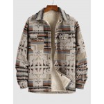 Men's Ethnic Woolen Geometric Aztec Print Shacket Pocket Fleece Lined Fluffy Jacket