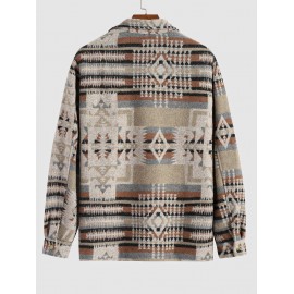 Men's Ethnic Woolen Geometric Aztec Print Shacket Pocket Fleece Lined Fluffy Jacket